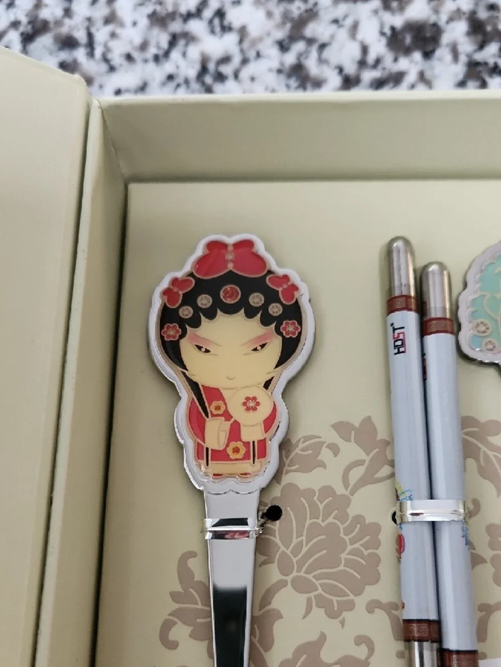 Set of Decorative Chopsticks Spoon Fork Peking Opera Enameled Character Accents - Picture 3 of 12